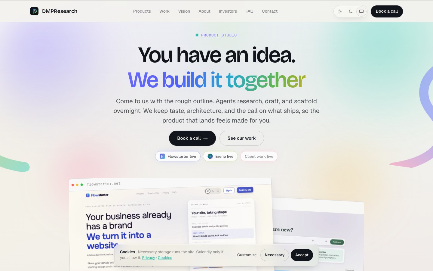 The DMPResearch studio home page at dmpresearch.flowstarter.dev